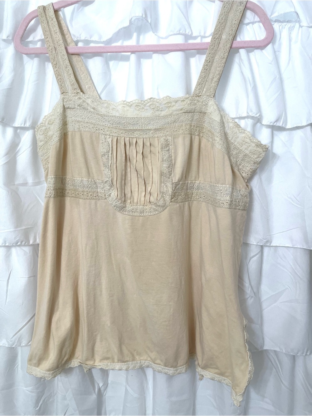 Vintage April Cornell Cream Lace-Trim Pleated Camisole